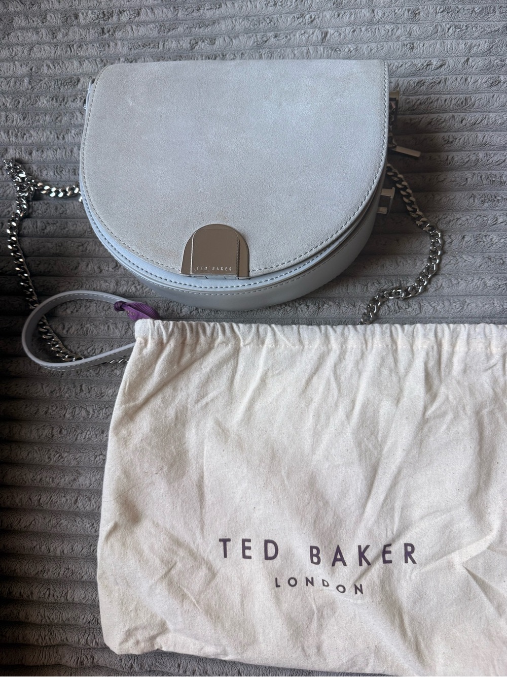 Ted Baker Light Gray Suede Half-Moon Crossbody with Silver Chain